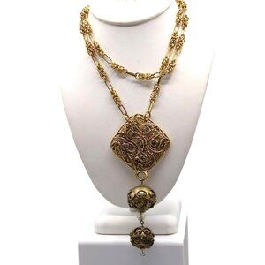 Vintage Etruscan Style Statement Necklace with Byzantine Chain and Crystal Accen